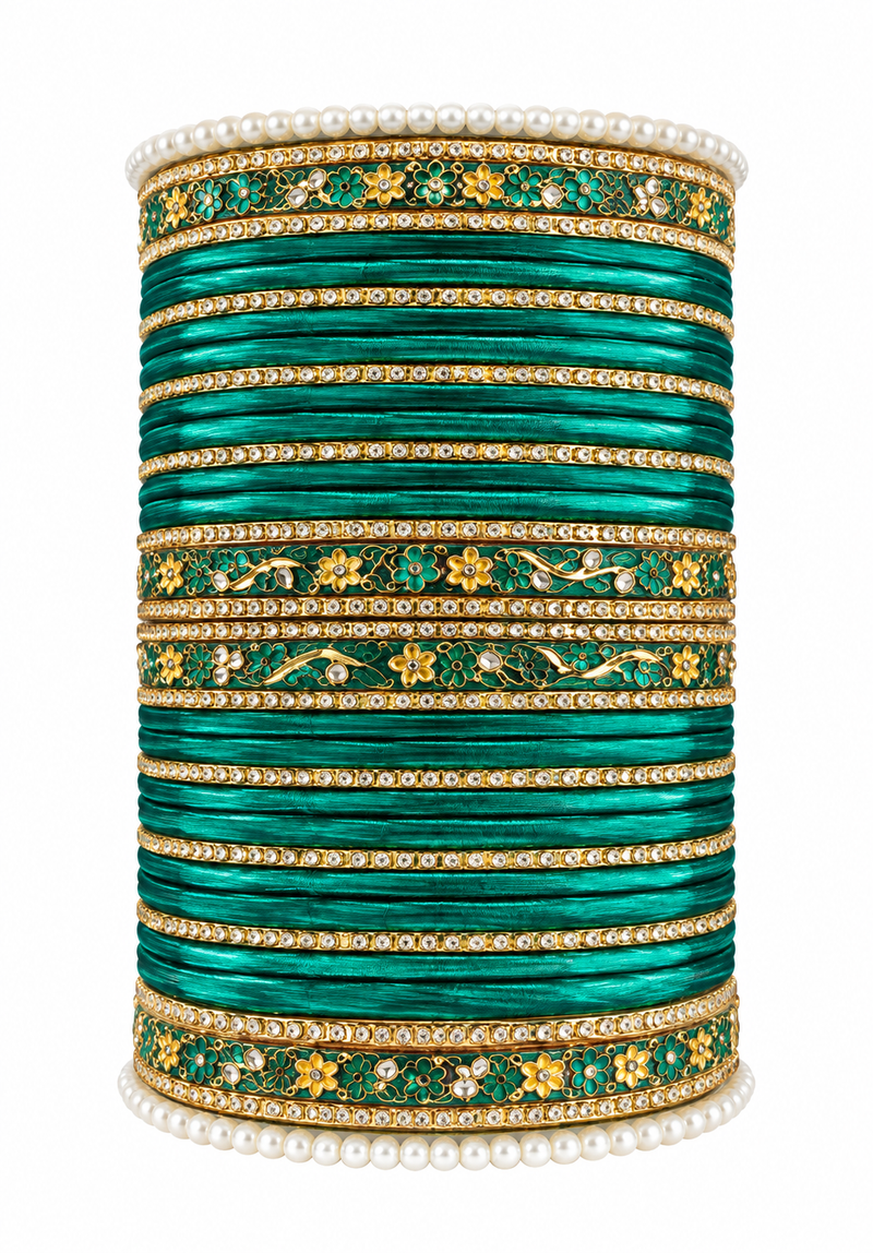 Elegant Green & Gold Embellished Traditional Bangle Set