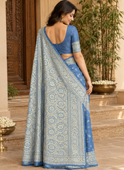 Sky Blue Saree With Intricate Gold Woven Border