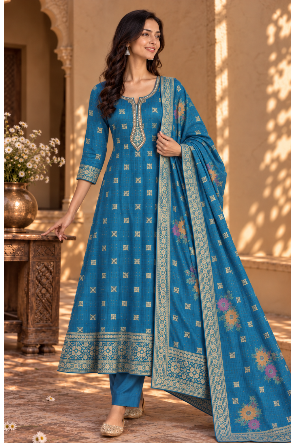 Teal Blue Printed Kurta Set With Floral Dupatta