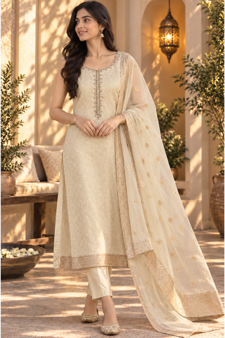 Ivory Embroidered Kurta Pant Set with Dupatta