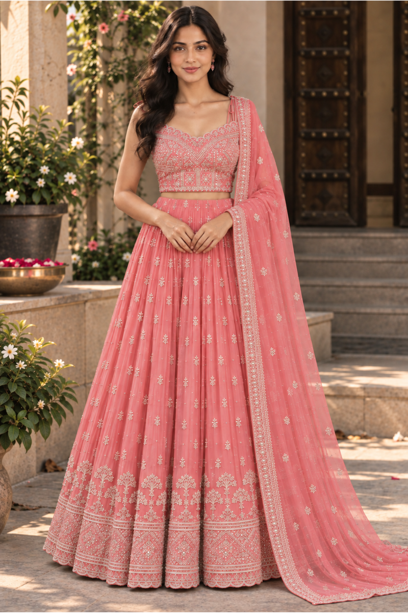 Blush Pink Floral Embroidered Lehenga with Dupatta
