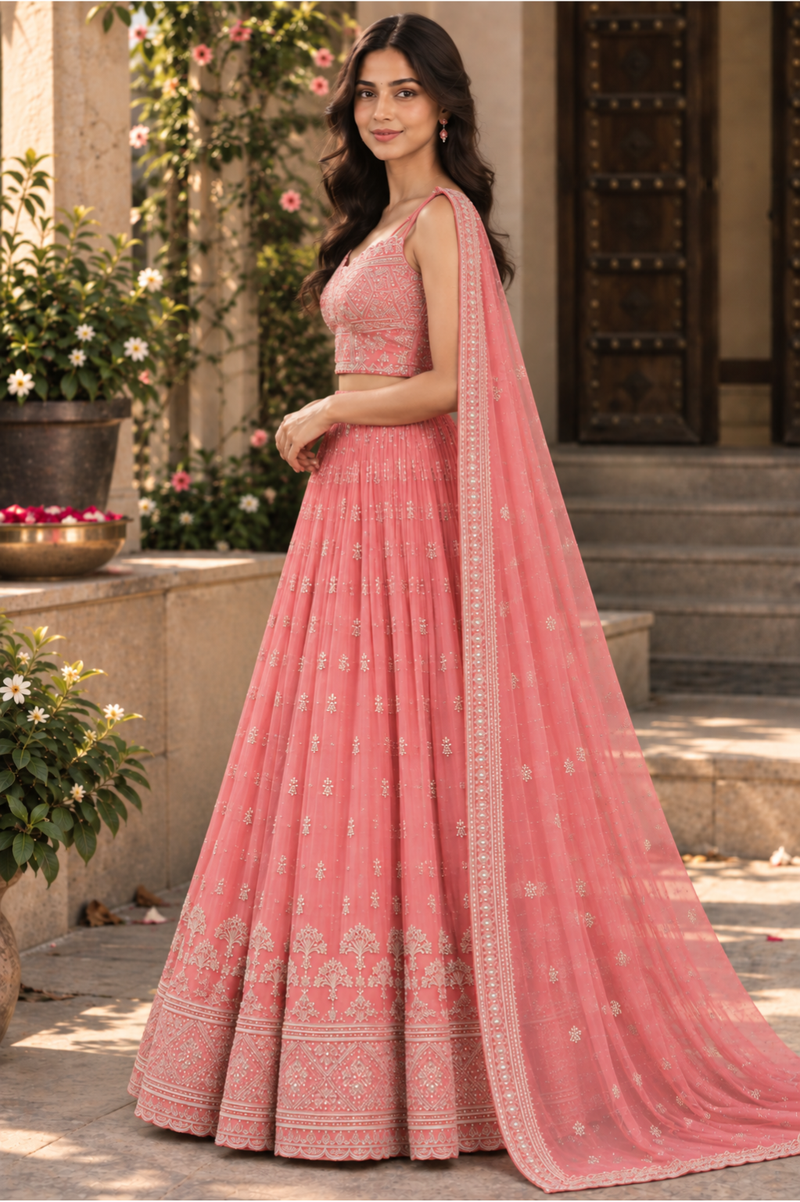 Blush Pink Floral Embroidered Lehenga with Dupatta