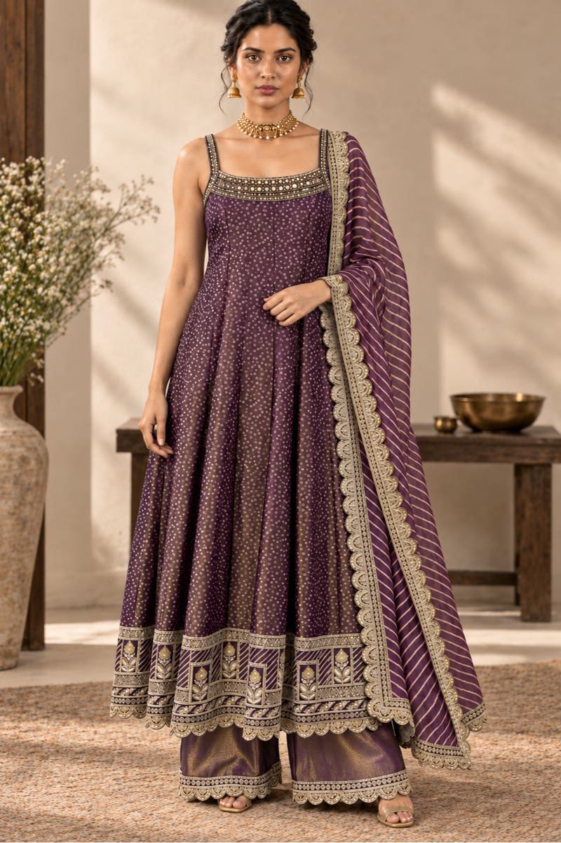 Deep Purple Embroidered Anarkali Suit with Dupatta