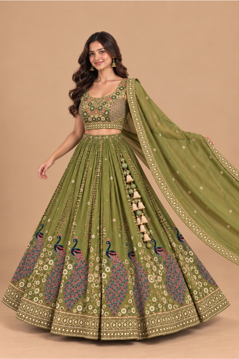 Olive Green Embroidered Lehenga Set with Dupatta