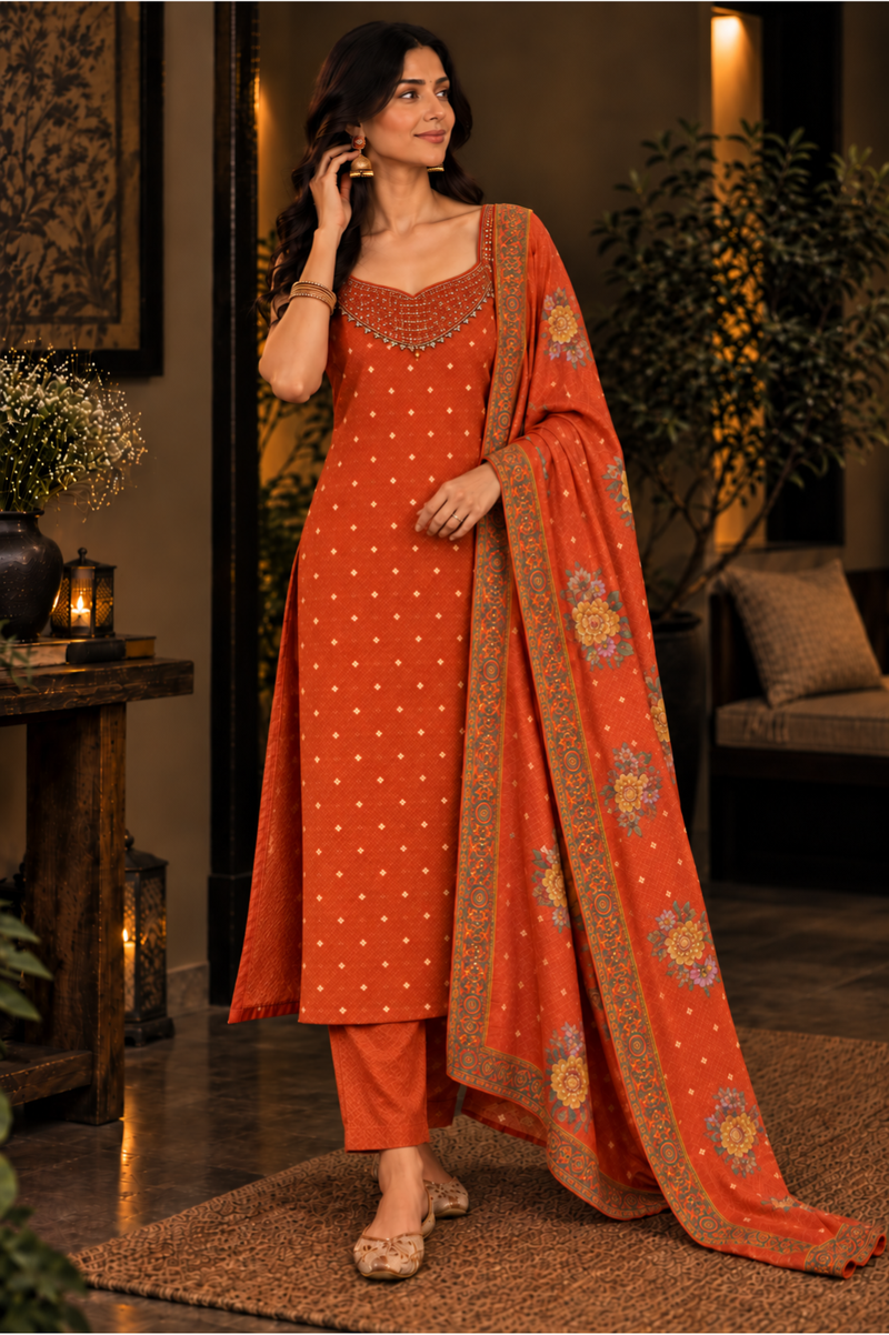 Rust Orange Embroidered Kurta Set with Dupatta