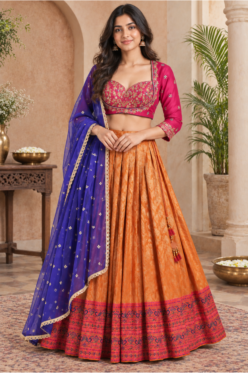 Rust Orange Embroidered Lehenga with Blue Dupatta