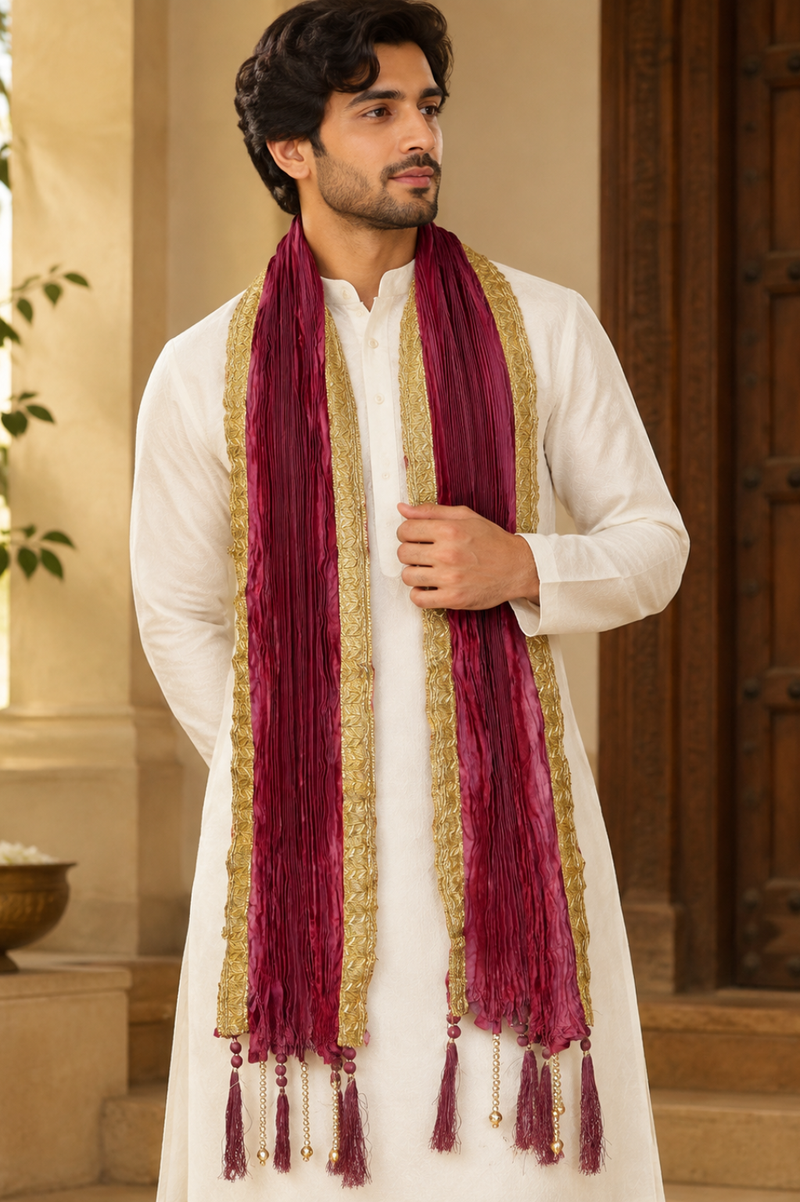 Maroon & Gold Textured Men’s Stole With Tassels