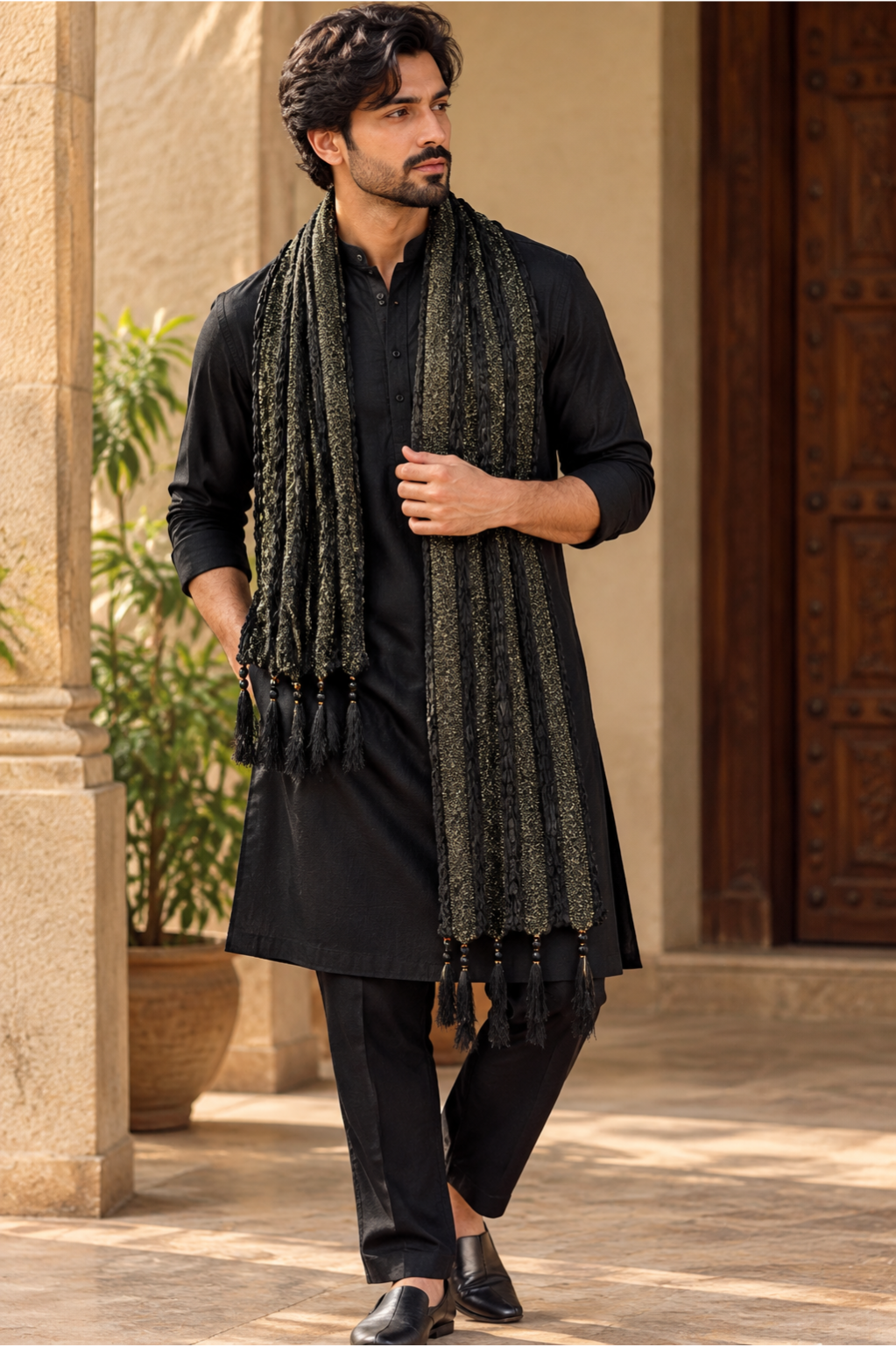 Black & Gold Textured Men’s Stole With Tassels