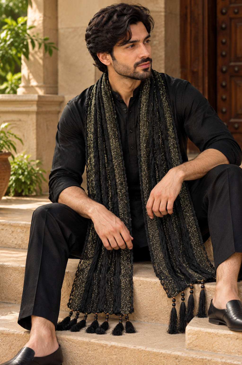 Black & Gold Textured Men’s Stole With Tassels