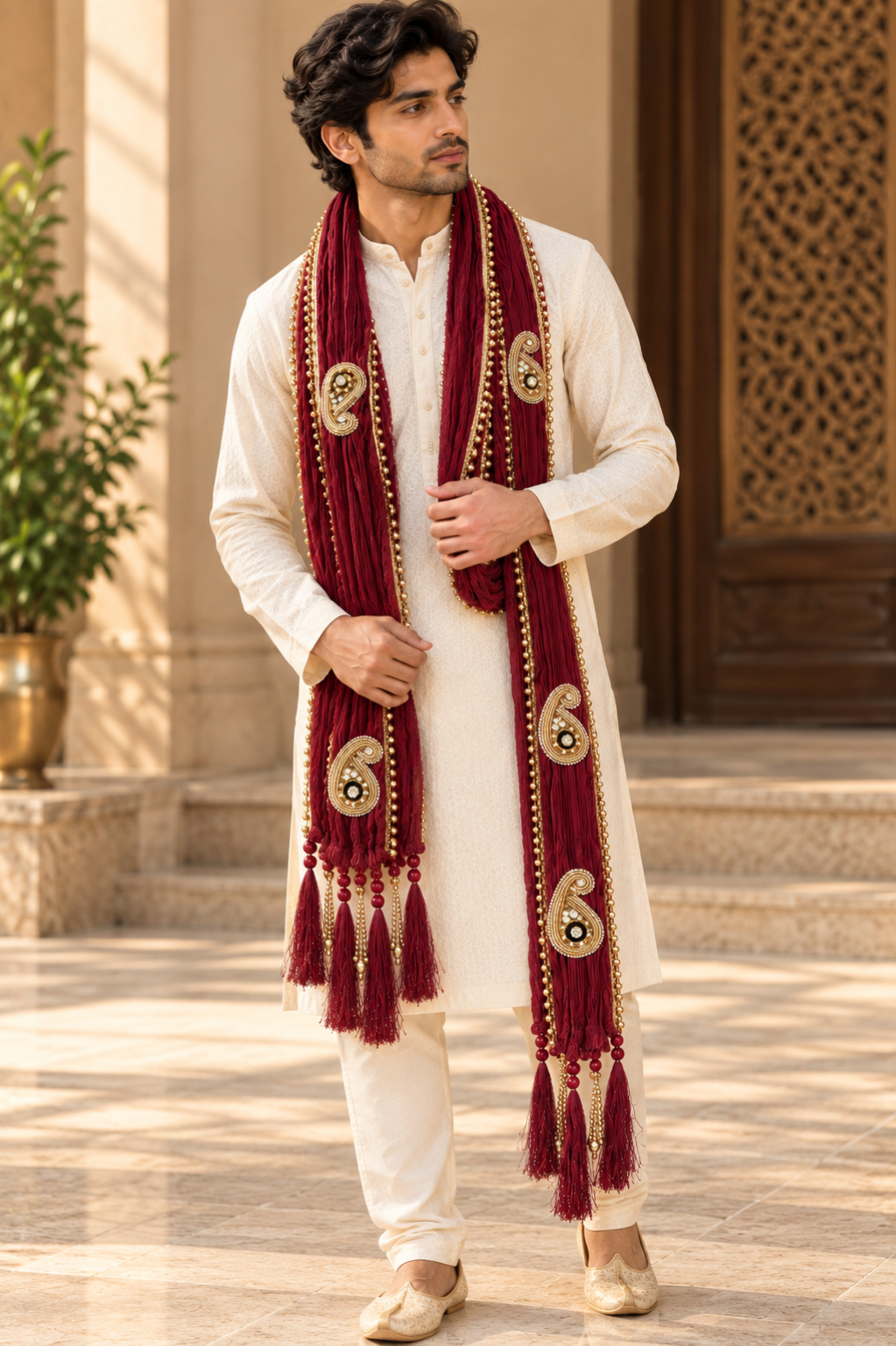 Maroon Gold-Trimmed Men’s Stole With Tassels