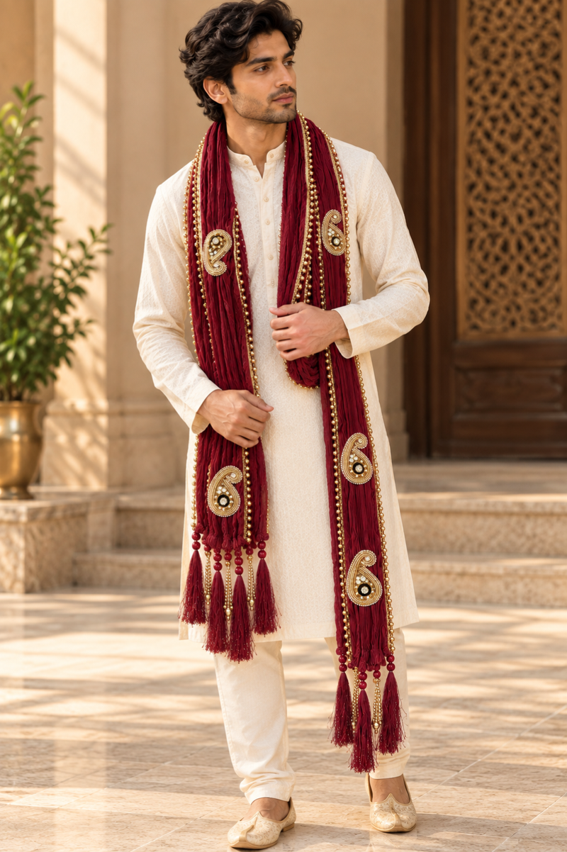 Maroon Gold-Trimmed Men’s Stole With Tassels