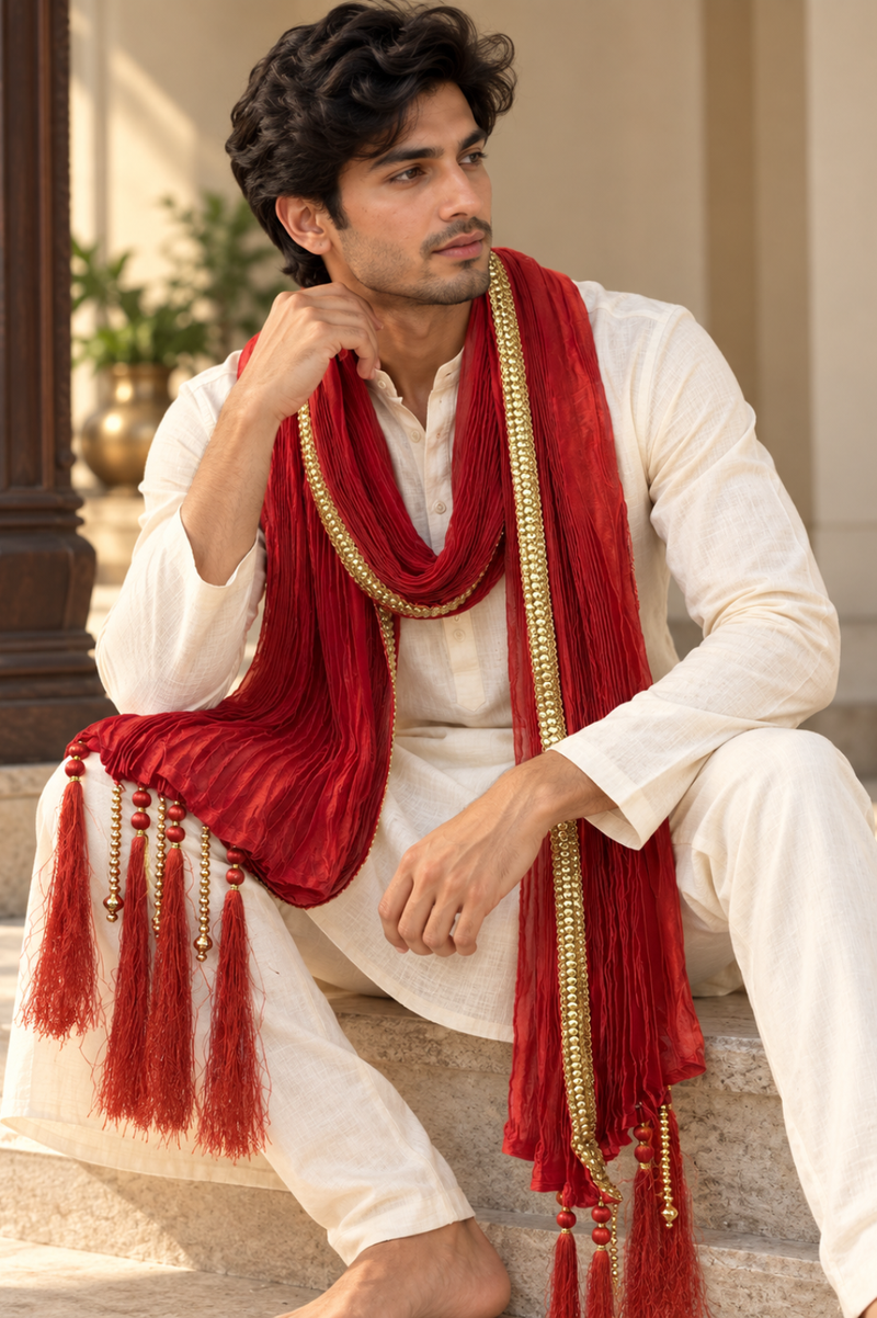 Red & Gold Embellished Men’s Stole With Tassels