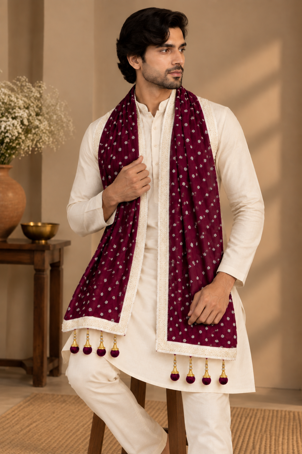 Wine Purple Floral Men’s Stole With Tassels
