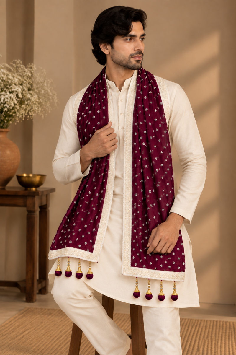 Wine Purple Floral Men’s Stole With Tassels