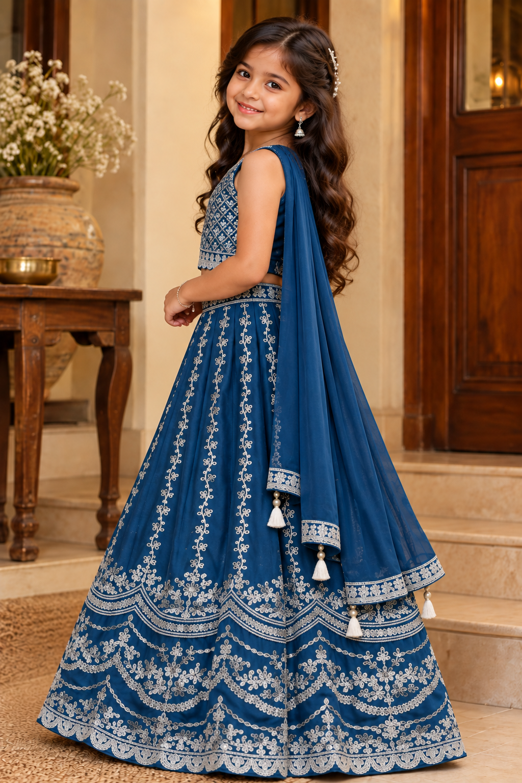 Royal Blue Embroidered Lehenga Choli Set for Girls with Dupatta