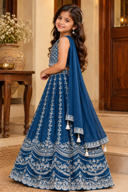 Royal Blue Embroidered Lehenga Choli Set for Girls with Dupatta