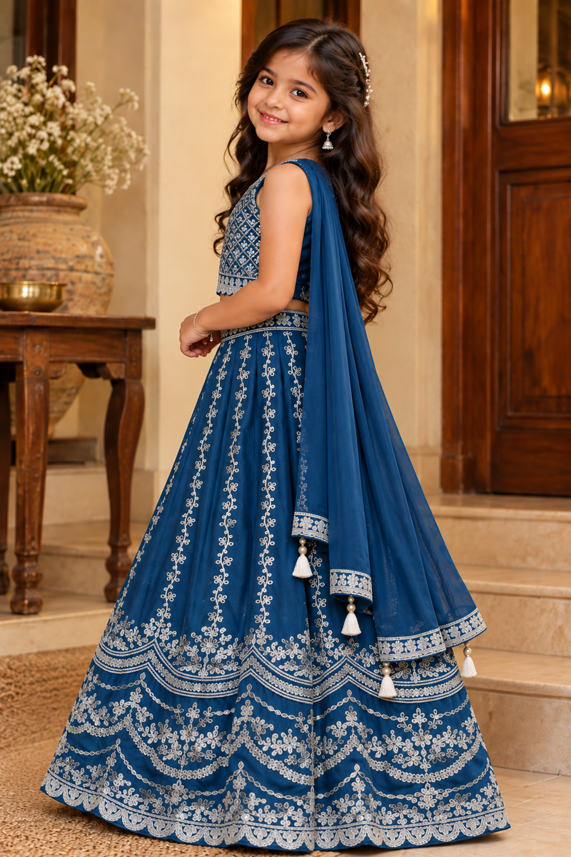 Royal Blue Embroidered Lehenga Choli Set for Girls with Dupatta