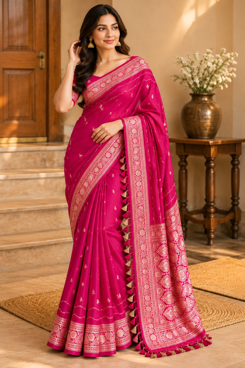 Pink Silk Saree With Intricate Gold Border