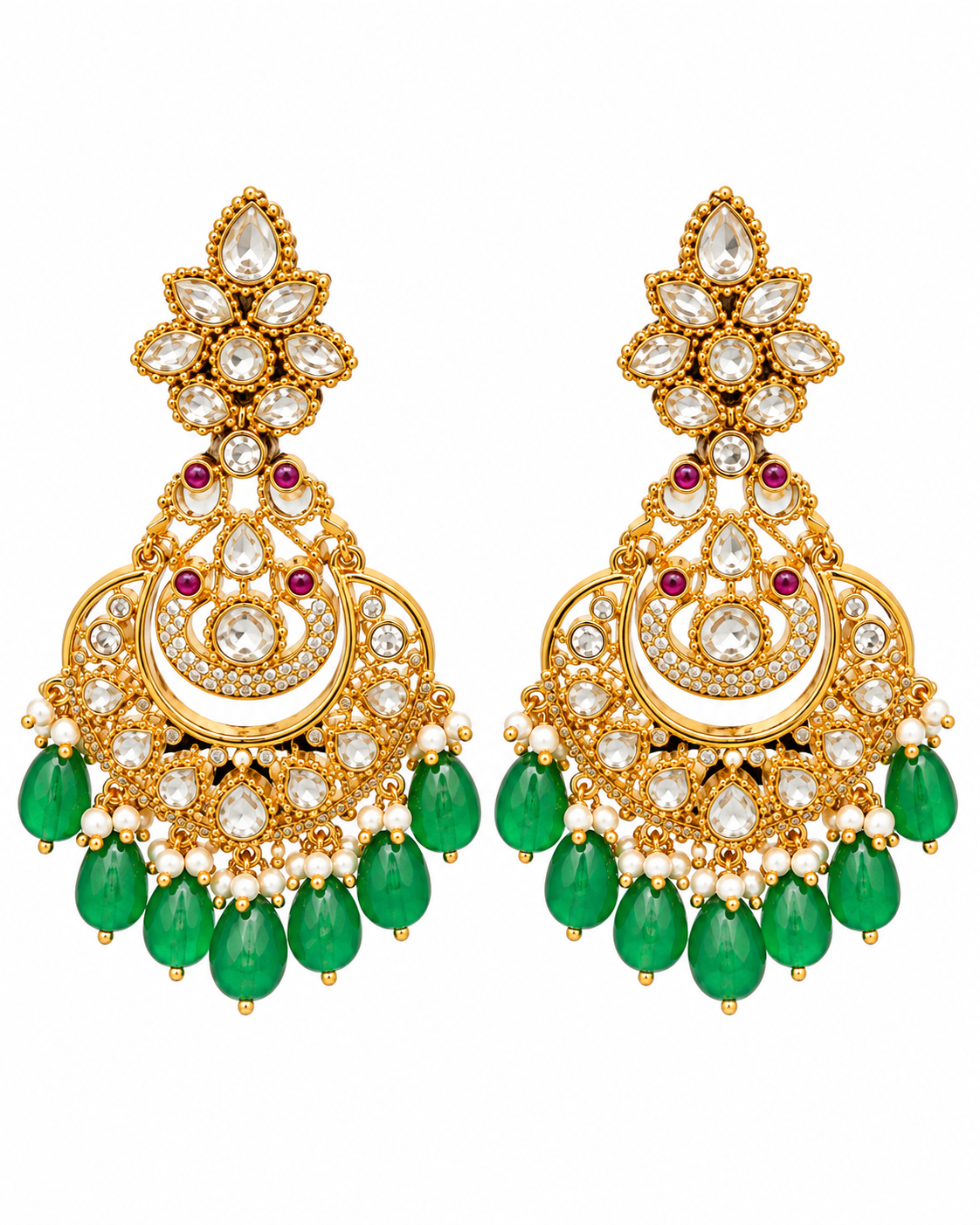 Gold-Plated Green Emerald Kundan Chandbali Earrings