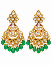Gold-Plated Green Emerald Kundan Chandbali Earrings