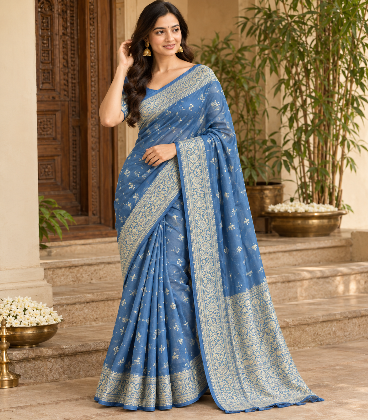 Sky Blue Saree With Intricate Gold Woven Border