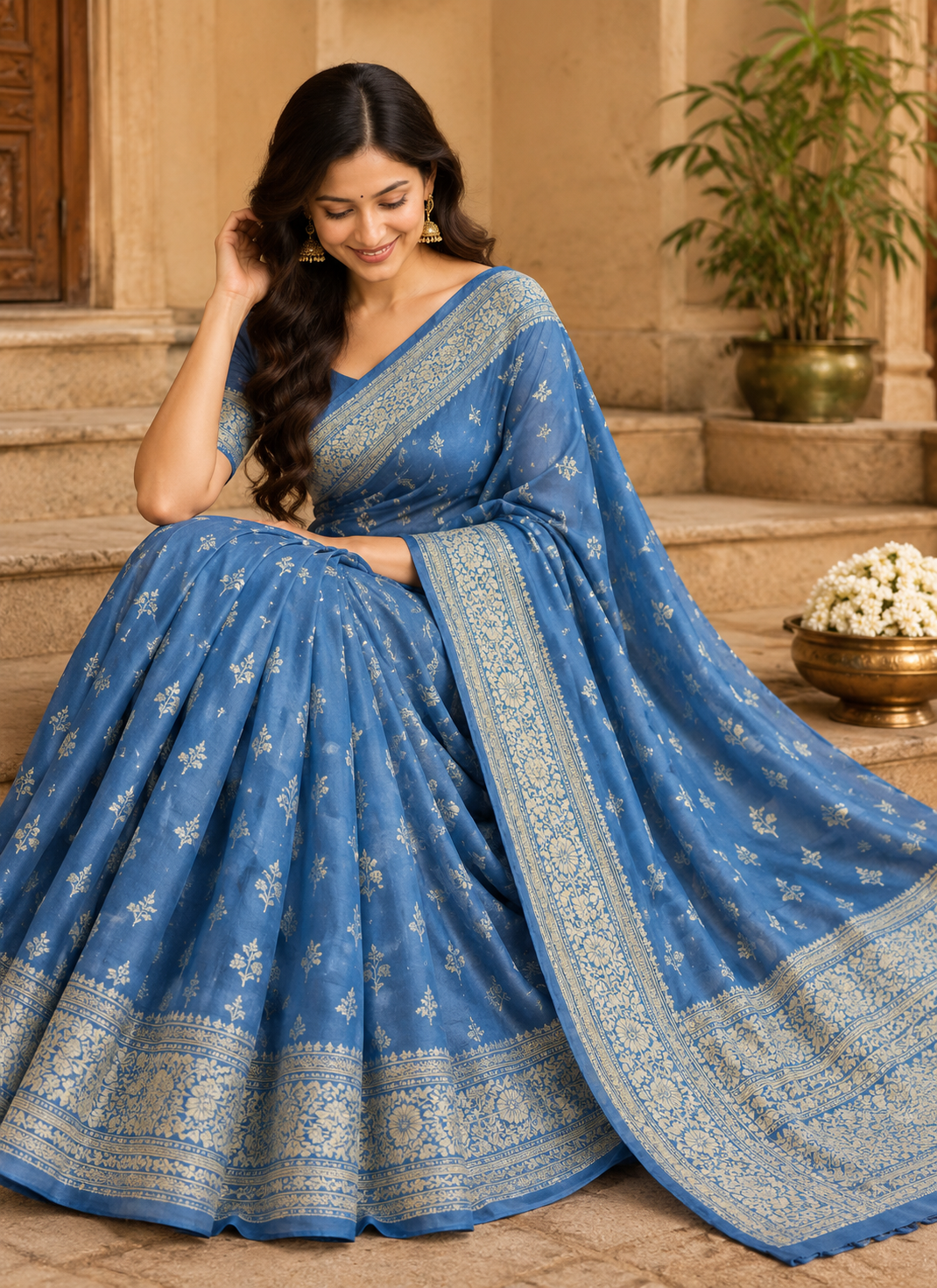 Sky Blue Saree With Intricate Gold Woven Border
