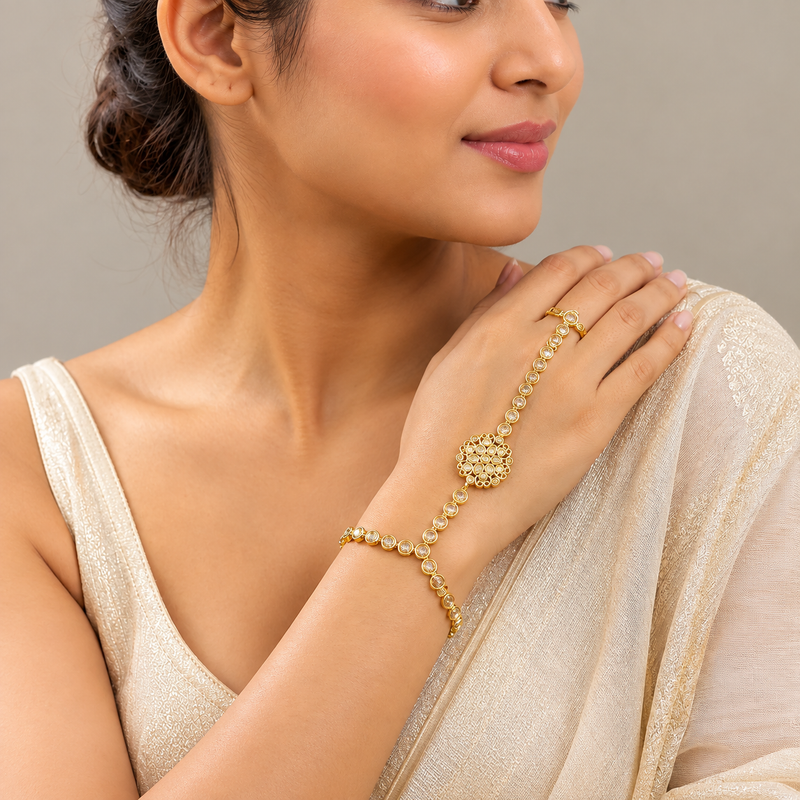Elegant Gold-Plated Crystal Stone Hathphool Hand Harness
