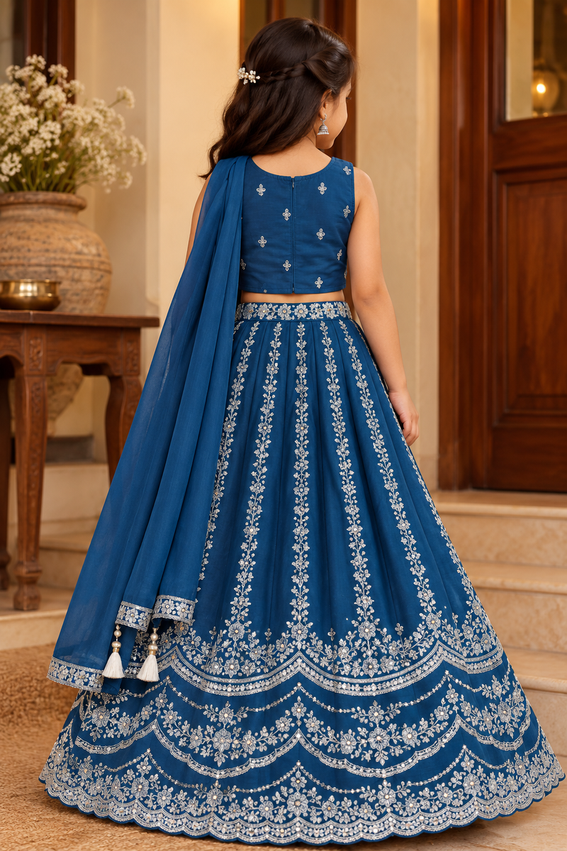 Royal Blue Embroidered Lehenga Choli Set for Girls with Dupatta