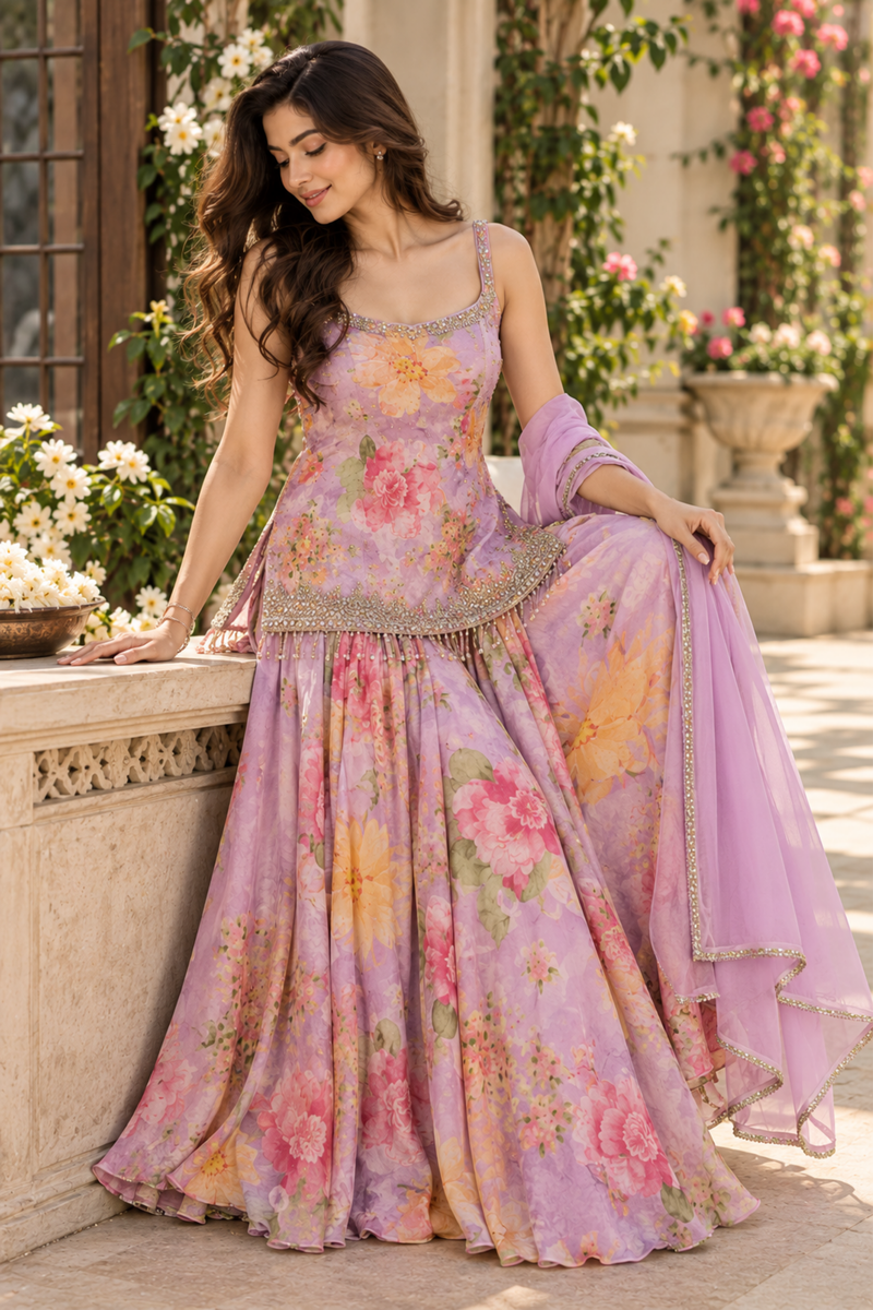 Lavender Floral Printed Lehenga Set With Sheer Dupatta