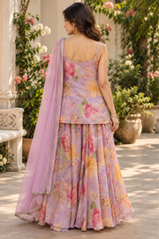 Lavender Floral Printed Lehenga Set With Sheer Dupatta