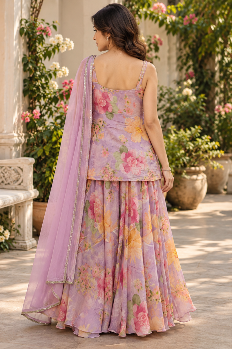 Lavender Floral Printed Lehenga Set With Sheer Dupatta