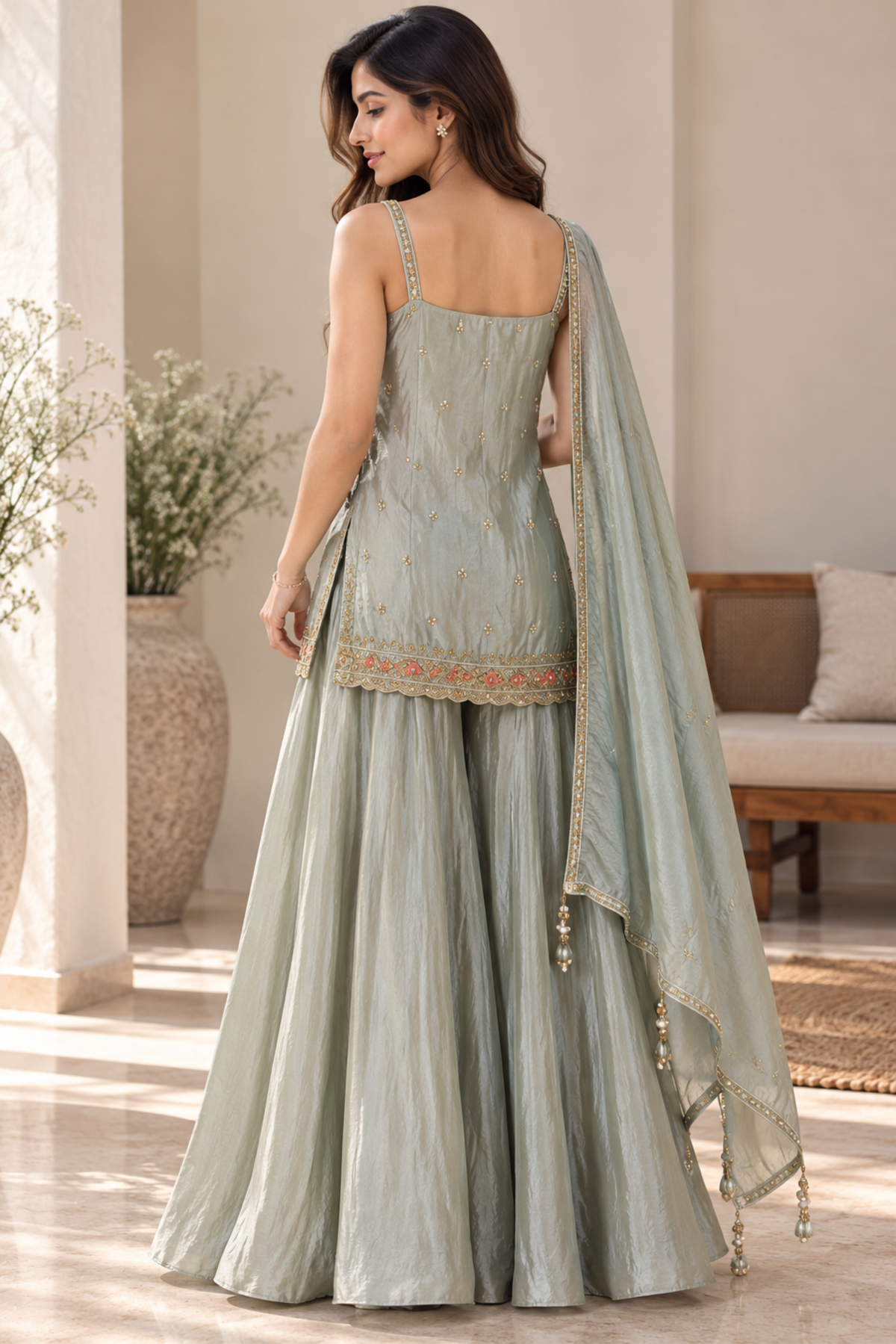 Sage Green Embroidered Sharara Set With Dupatta