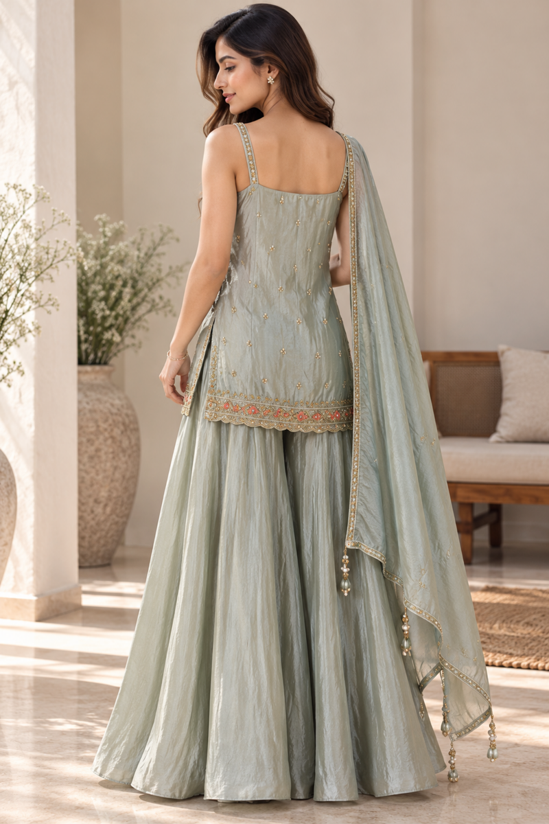 Sage Green Embroidered Sharara Set With Dupatta