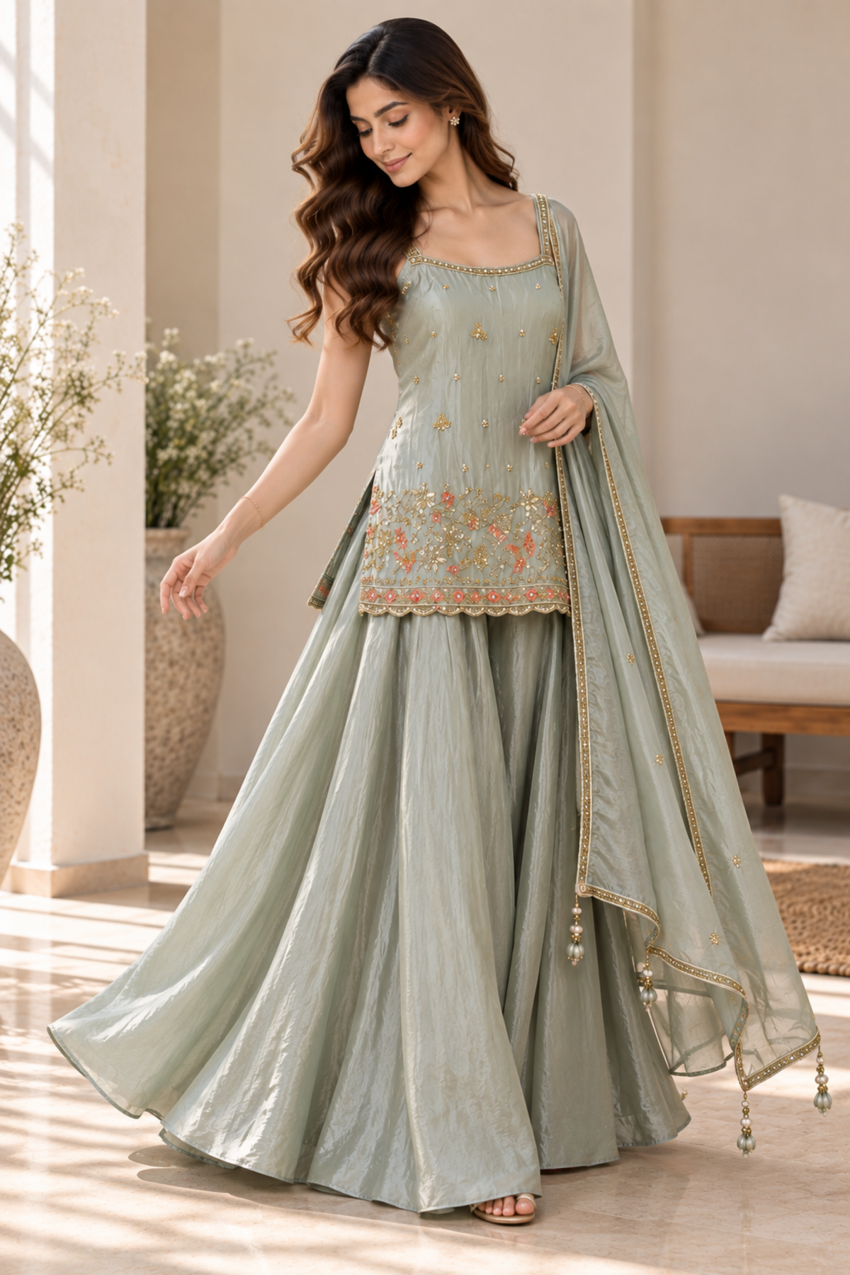 Sage Green Embroidered Sharara Set With Dupatta