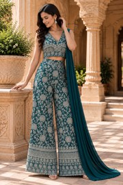 Teal Blue Floral Embroidered Palazzo Set With Dupatta