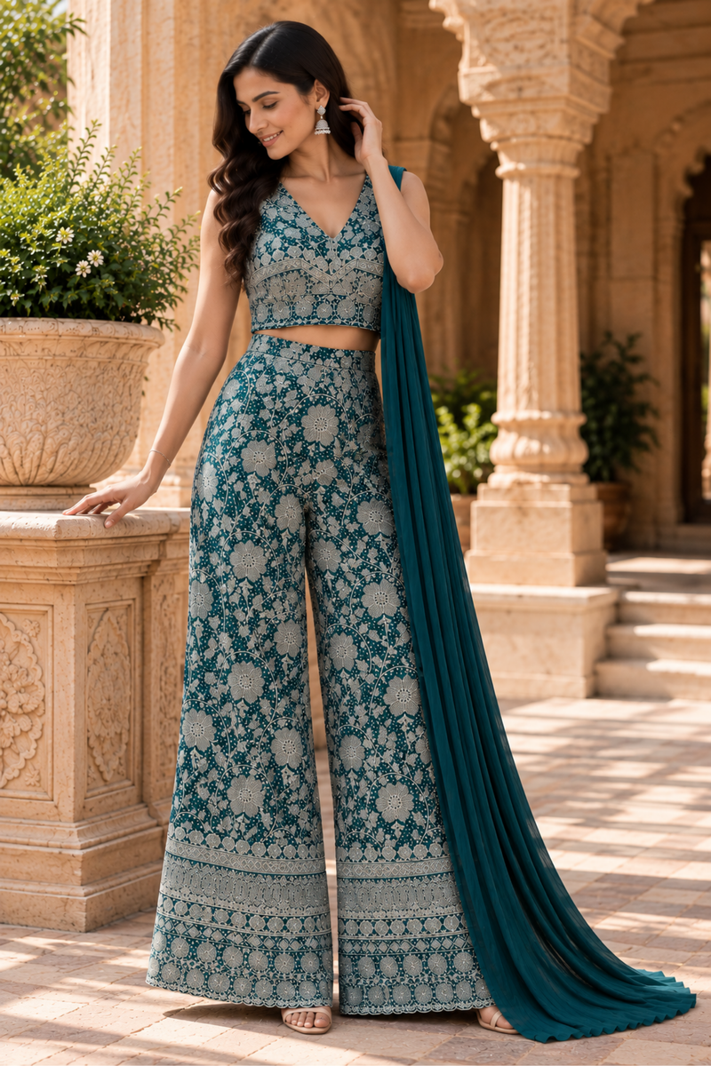 Teal Blue Floral Embroidered Palazzo Set With Dupatta