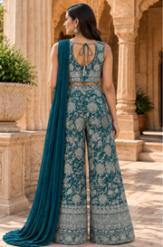 Teal Blue Floral Embroidered Palazzo Set With Dupatta