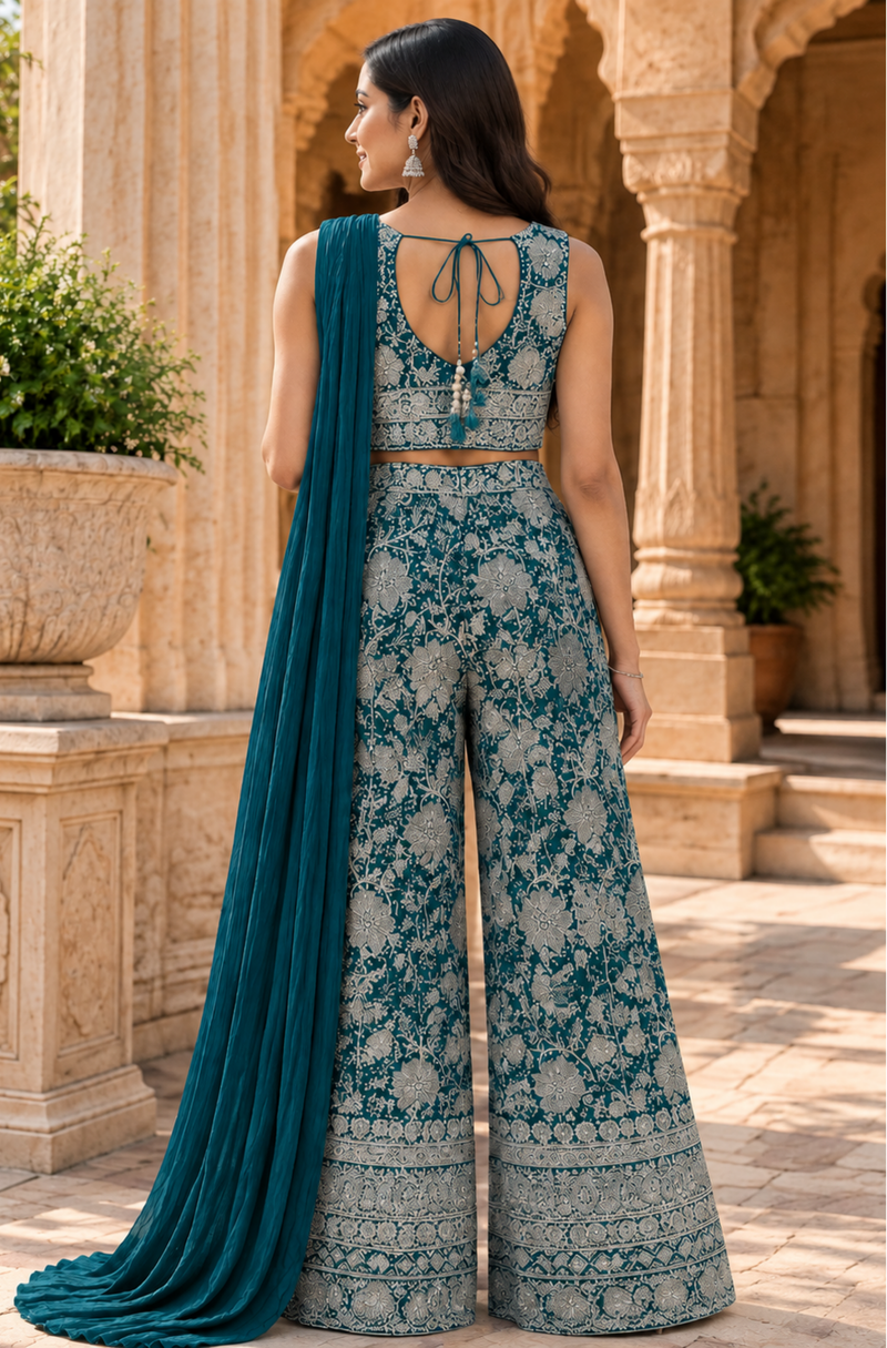 Teal Blue Floral Embroidered Palazzo Set With Dupatta