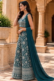 Teal Blue Floral Embroidered Palazzo Set With Dupatta