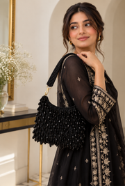Black Beaded Shoulder Bag With Embellished Strap