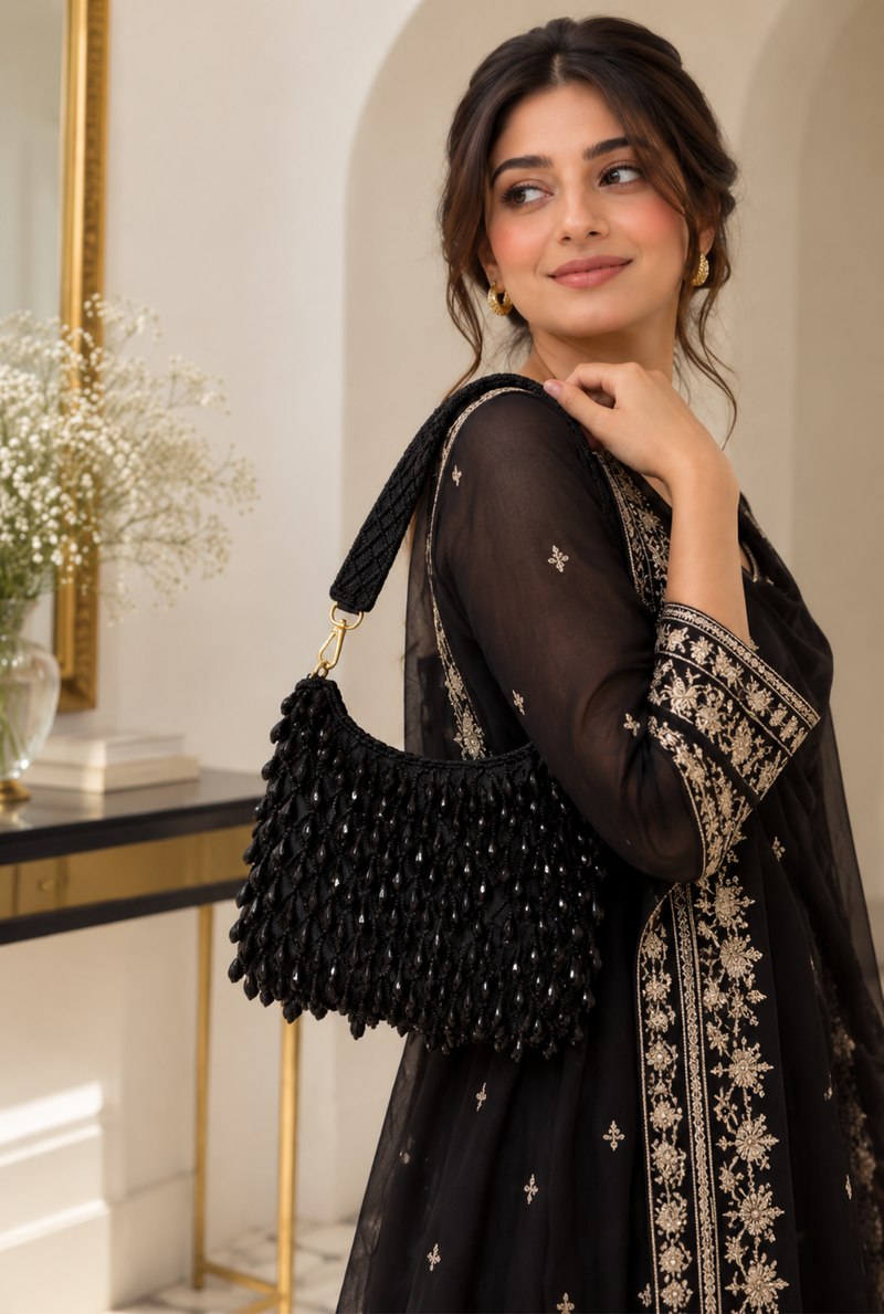 Black Beaded Shoulder Bag With Embellished Strap