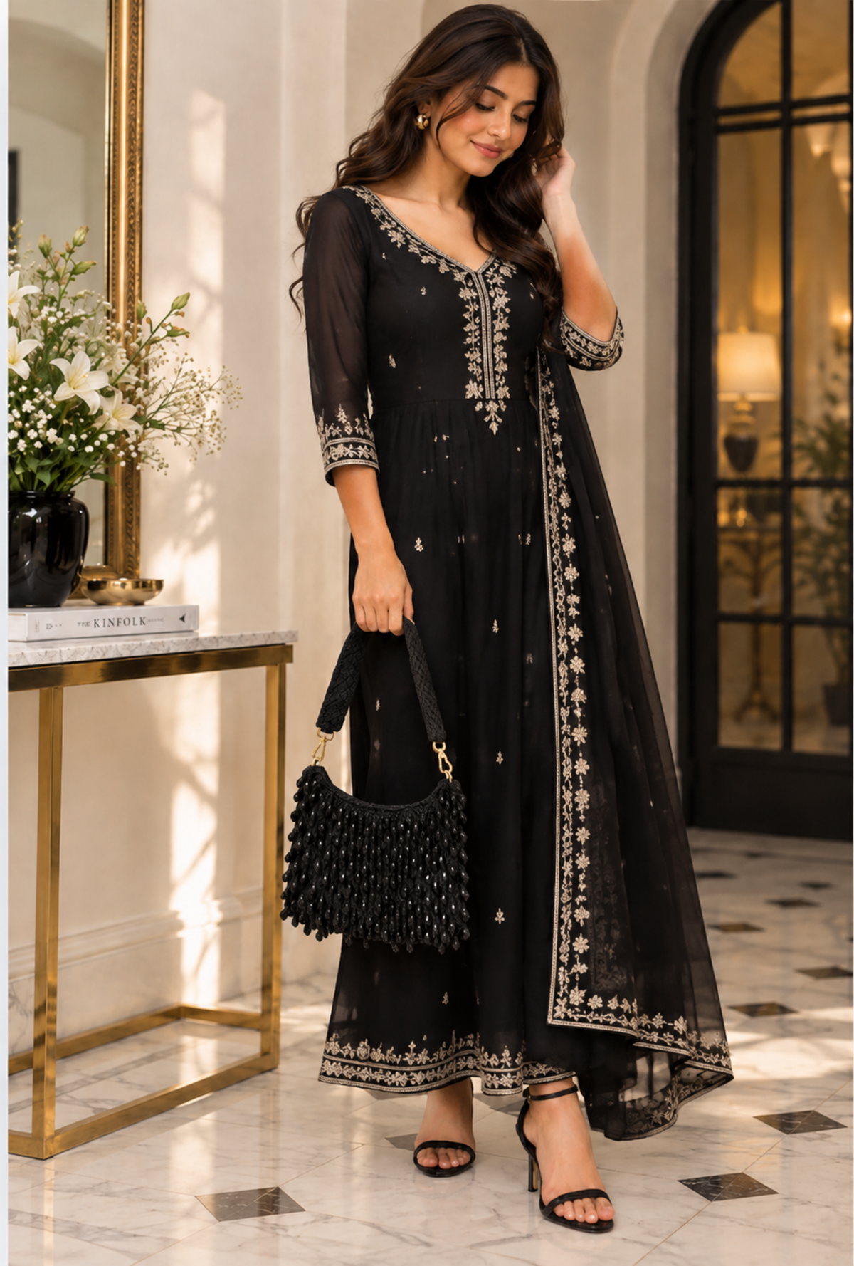 Black Beaded Shoulder Bag With Embellished Strap
