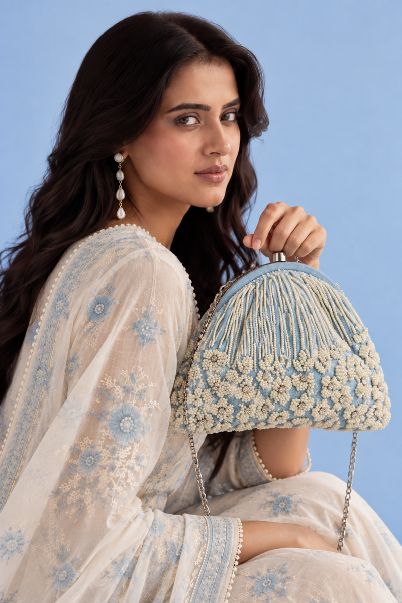 Sky Blue Beaded Floral Clutch Bag