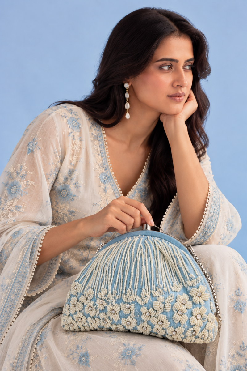 Sky Blue Beaded Floral Clutch Bag