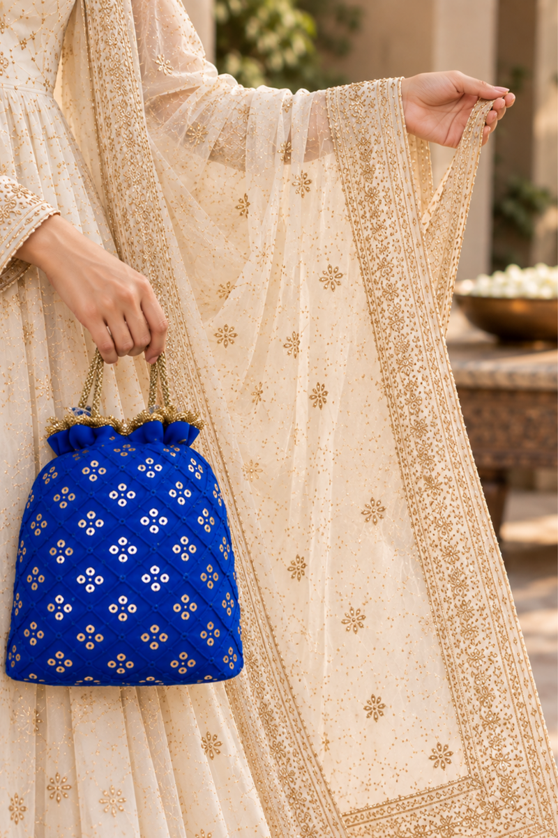 Royal Blue Quilted Potli Bag With Gold Embroidery