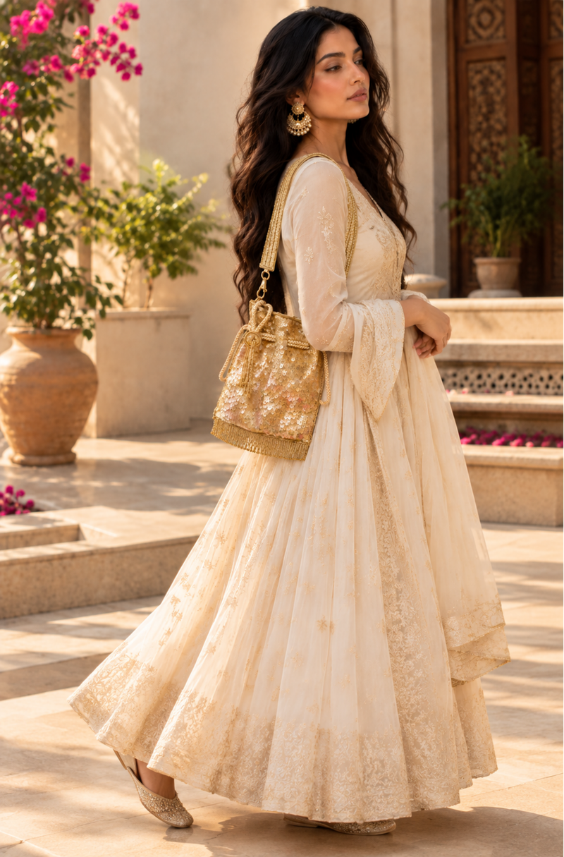 Champagne Gold Sequin Potli Bag With Tassel Fringe