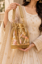 Champagne Gold Sequin Potli Bag With Tassel Fringe