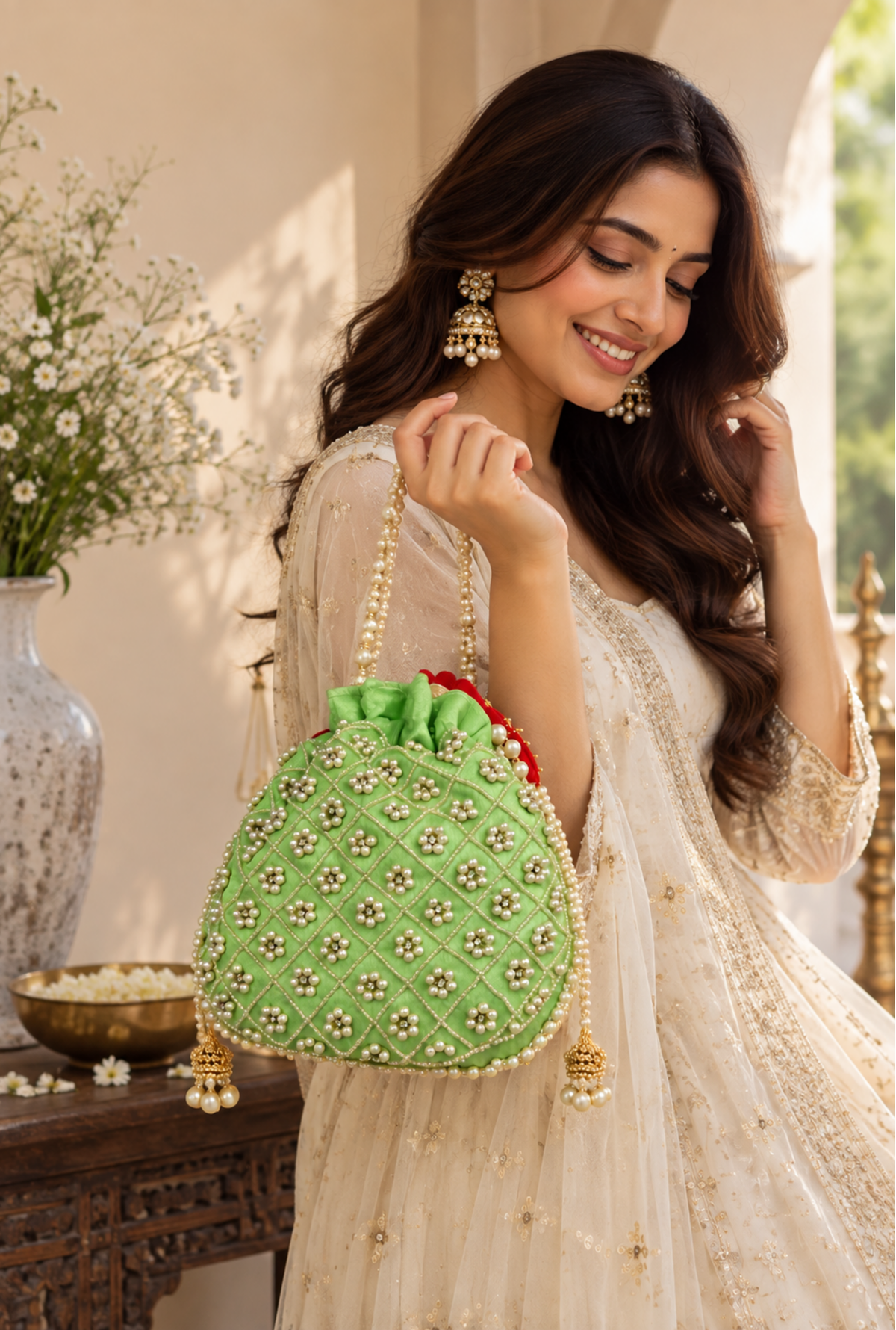 Pastel Green Pearl Embellished Potli Bag