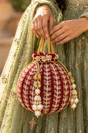 Maroon Embroidered Pearl Potli Bag
