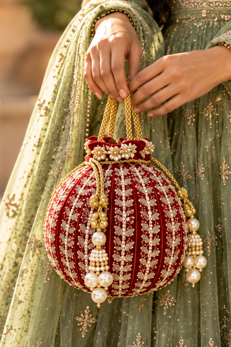 Maroon Embroidered Pearl Potli Bag